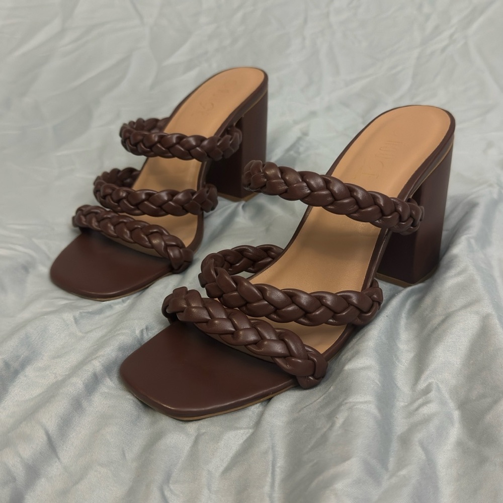 Brown braided comfortable heels.